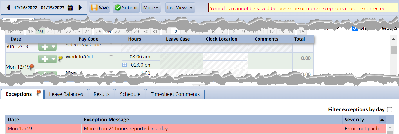 Timesheet showing more than 24 hours entered for the day and cannot be saved message