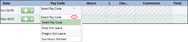 click on the arrow in the pay code column to see the pay code drop down list and select a pay code for the day