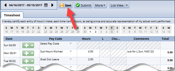 save button at top of timesheet to save changes