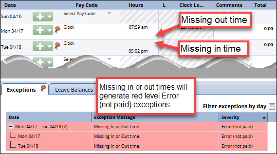 timesheet showing red errors for a missing in clock and a missing out clock