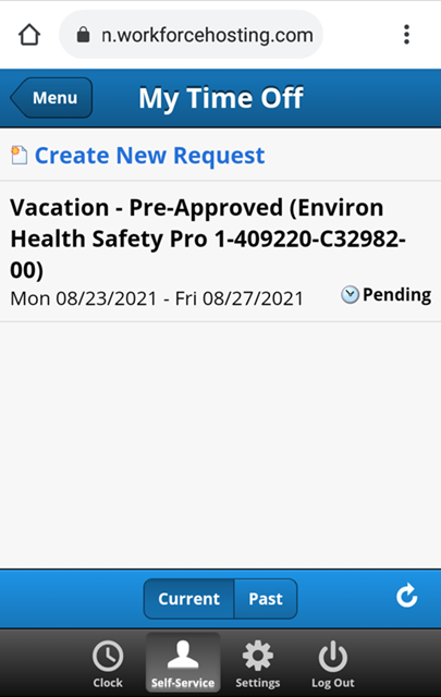create time off request window showing pending request entered