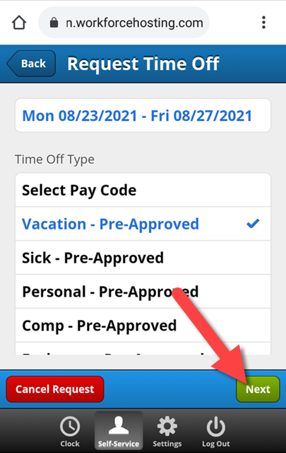 pay code select and next button highlighted