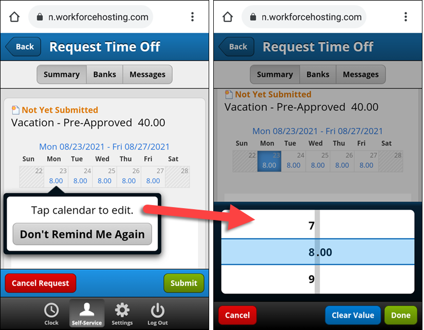 day selected and edit hours window opens
