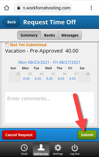 time off request with submit button highlighted