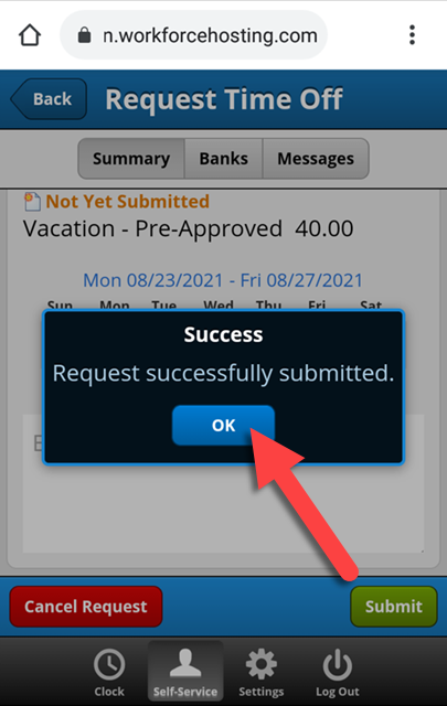 time off request successfully submitted message with OK button highlighted