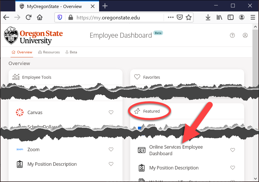 my oregonstate employee overview page with online services employee dashboard link highlighted
