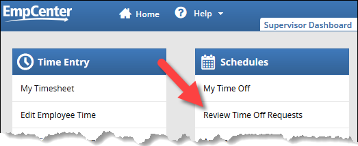 supervisor dashboard with the review time off request link highlighted
