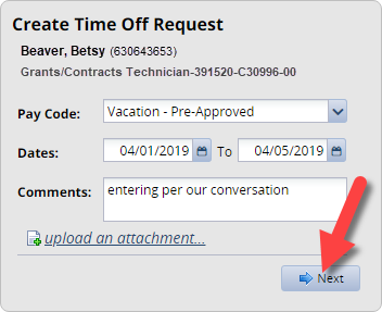 create request details filled out with next button highlighted
