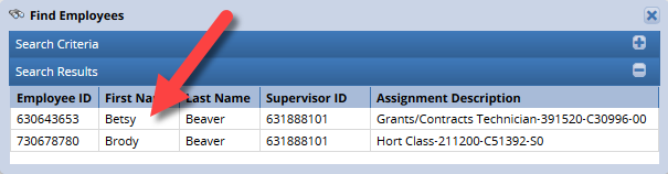 search results with employee's name highlighted