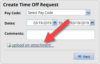 time off request screen with attachment link highlighted