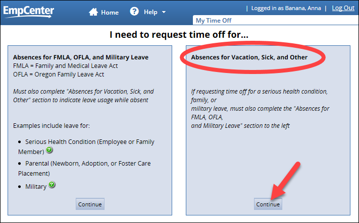 select continue under absences for vacation sick and other