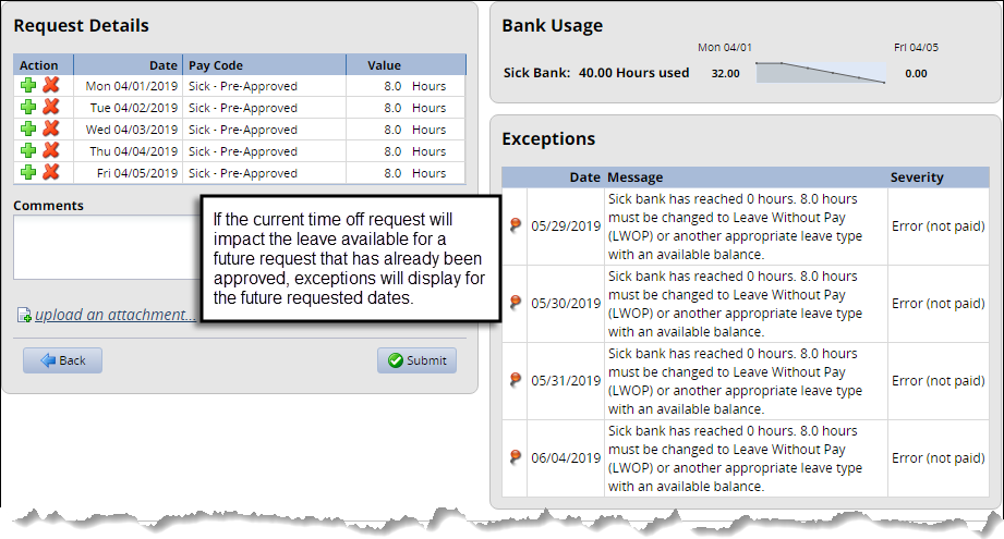 time off request showing exception of not enough leave for a future request
