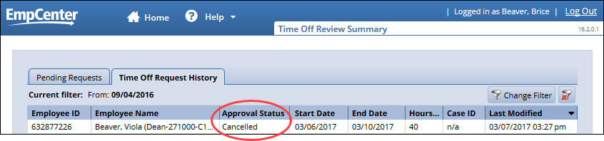 status cancelled on manager time off review summary page