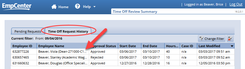 select time off request from request summary page